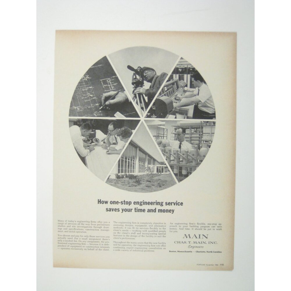 Vintage 1960s Engineering Print Ad Chas T Main Charlotte NC Boston